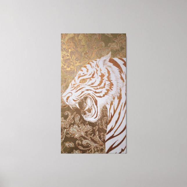 Roaring White Tiger Canvas – Ornate Gold Artwork Leinwanddruck (Vorderseite)