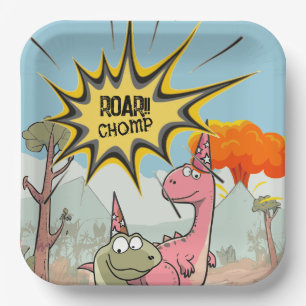 Roarsome Dino Birthday, Niedlicher Cartoon Dino Pappteller