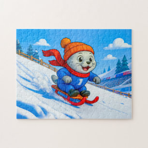 Robbe beim Schlittenfahren einen schneebedeckten B Puzzle