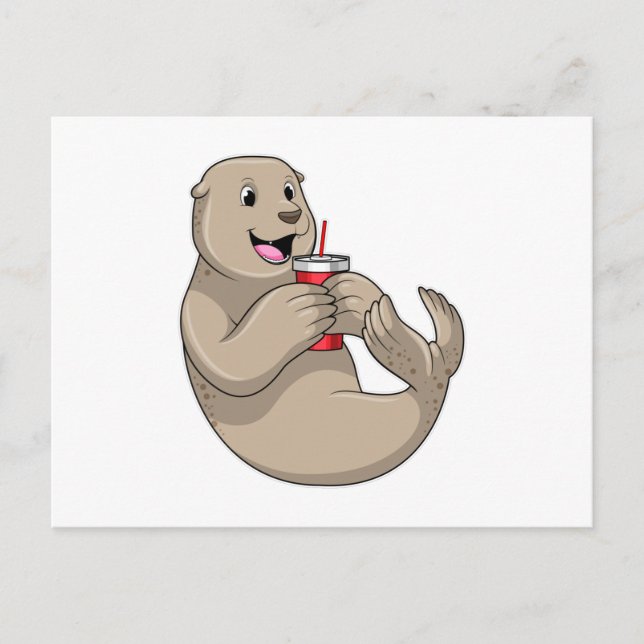 Robbe mit Tasse mit Strohhalm Postkarte (Vorderseite)