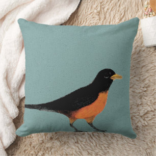 Robin Bird Art on Blue Background Kissen