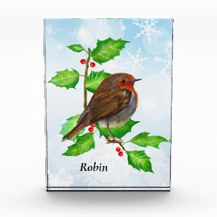 Robin Bird auf Holly Watercolor Malerei Fotoblock
