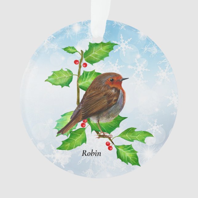 Robin Bird auf Holly Watercolor Malerei Ornament (Vorderseite)