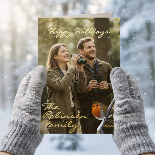 Robin Bird Happy Holidays Foto Foil Faltkarte (Real foil holiday card with space for your photo and greeting)