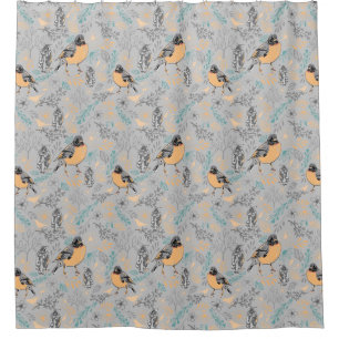 Robin Bird Mama und Baby Summer Brood mit Blume Duschvorhang