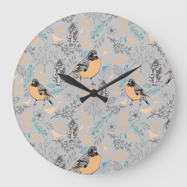 Robin Bird Mama und Baby Summer Brood mit Blume Große Wanduhr (Vorderseite)