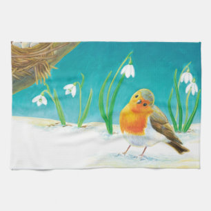 Robin Bird, Schnee & Schneefallen Illustration Geschirrtuch