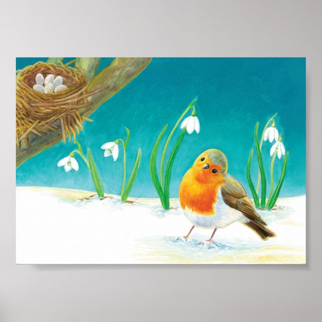 Robin Bird, Schnee & Schneefallen Illustration Poster (Vorne)