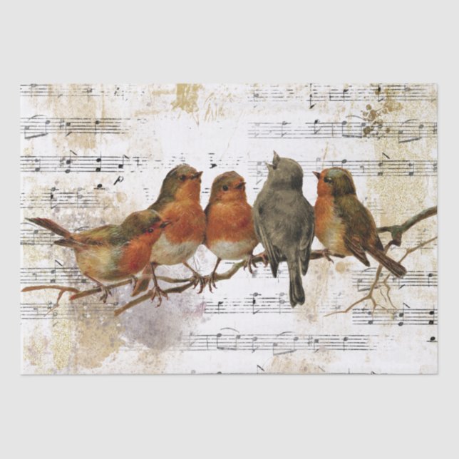 Robin Bird Sheet Music Gold Silber Notes Decoupage Seidenpapier (Vorderseite)
