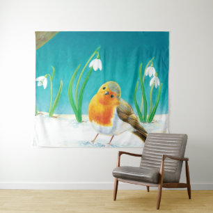 Robin Bird & Snowdrops Illustration Wandteppich