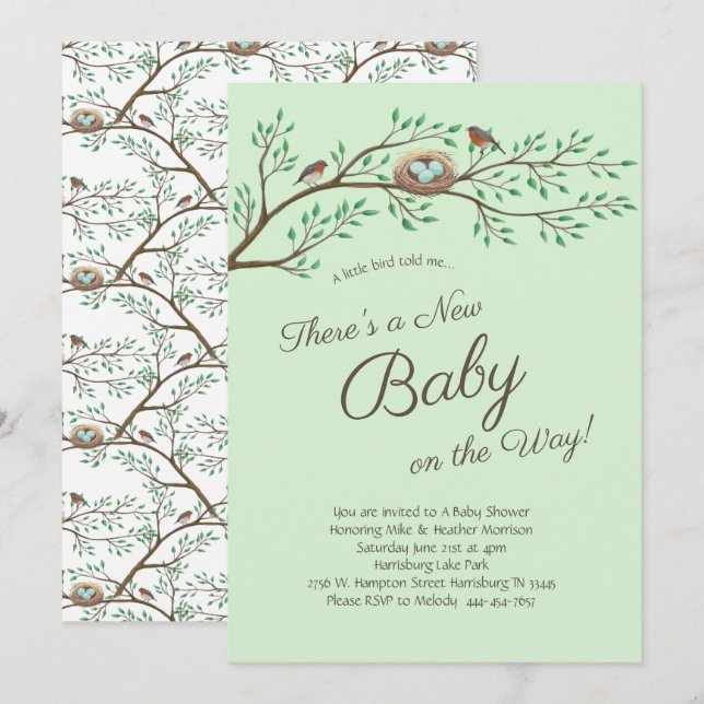 Robin Bird Spring Baby Shower Co-Ed Gender Neutral Einladung (Vorne/Hinten)