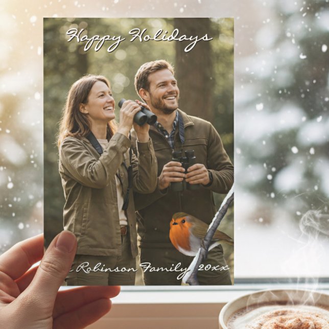 Robin Bird Weihnachtsfotokarte Feiertagskarte (Perfect Christmas Photo Card for Bird Watchers. Add your Family Name)