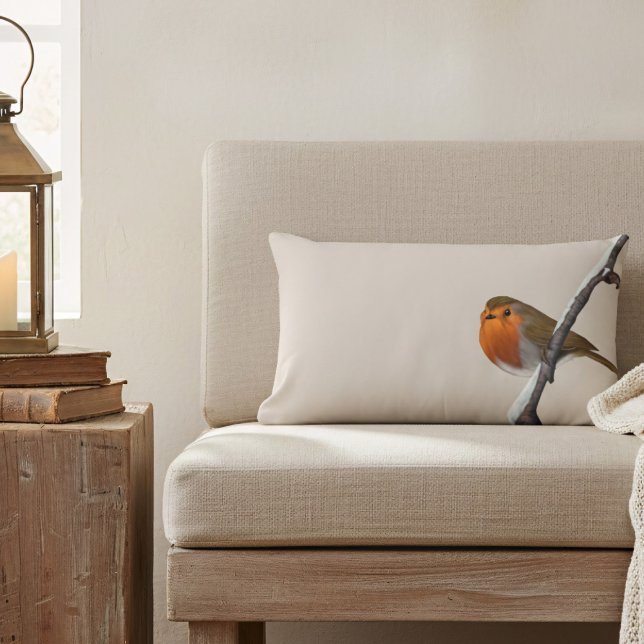 Robin Bird Winter Branch Natural Lumbar Pillow Lendenkissen (A lone robin sits on a winter branch on this lumbar pillow. He'd love to sit on your armchair )