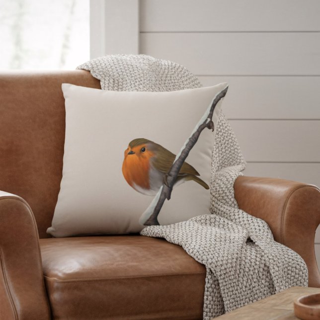 Robin Bird Winter Branch Natural Throw Kissen (A lone robin sits on a winter branch. He would love to sit on your sofa or armchair)
