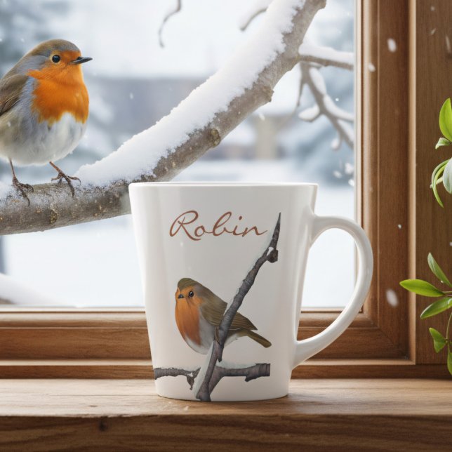 Robin Bird Winter Branch Personalisierte Latte Tas Milchtasse (A festive robin sits on a snowy branch waiting for you to add your name)