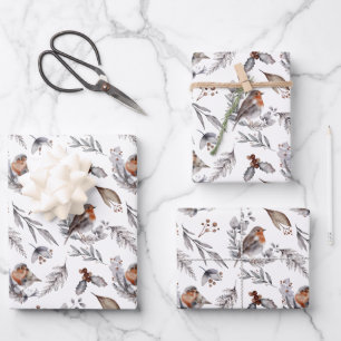 Robin Bird Woodland Grüne Weihnachten Geschenkpapier Set
