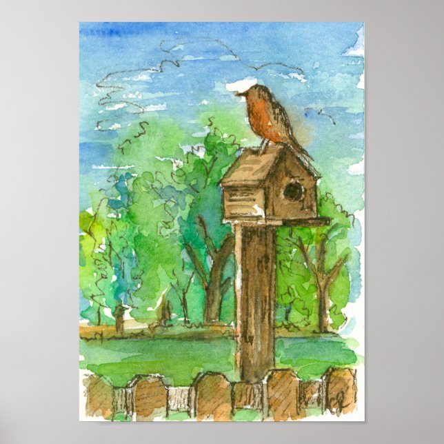 Robin Birdhouse Country Watercolor Landschaft Poster (Vorne)