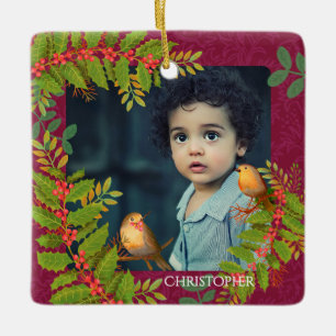 Robin Birds Holly Berry Foto Wine Keramikornament