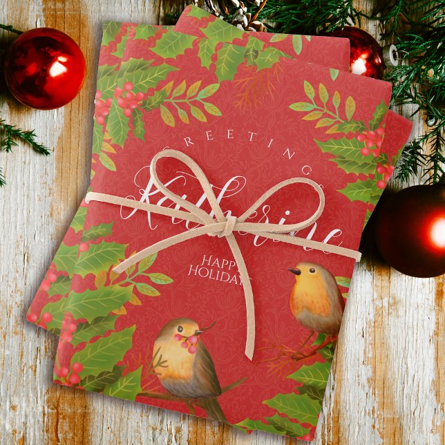 Robin Birds Holly Berry Red Geschenkpapier Set (Robin Birds Holly Berry Design.)