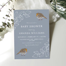 Robin Botanical Dusty Blue Baby Shower Einladung