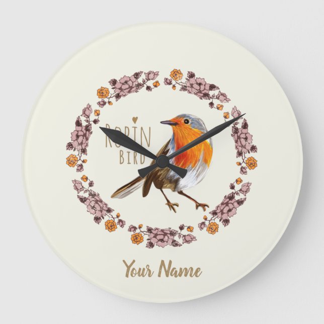 Robin Botanische Vintage Blume für Vogelliebhaber Große Wanduhr (Vorderseite)