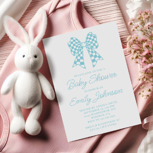 Robin Egg Blau und Weiß kariert Schleife Baby Show Einladung