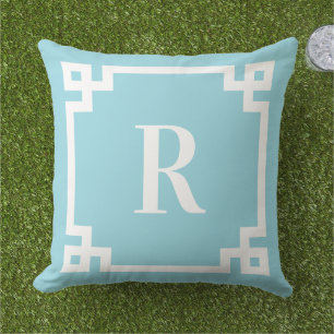Robin Egg Blau und Weißgriechisch-Schlüsselgrenzen Kissen