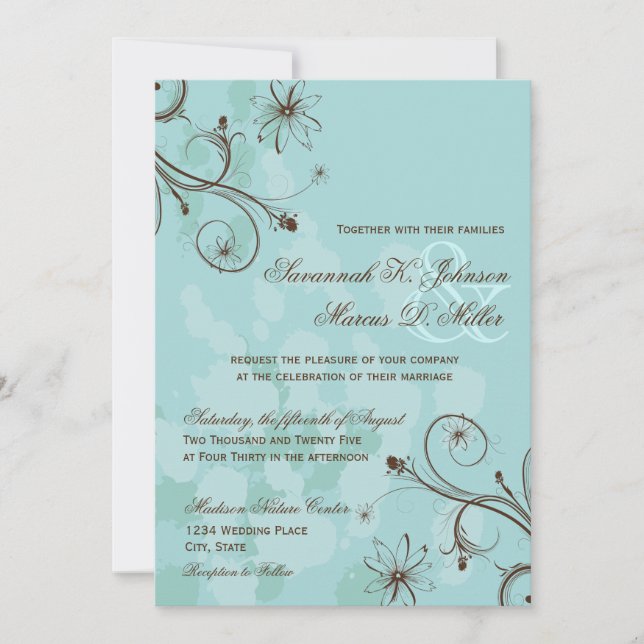 Robin Egg Blue Brown Floral Wedding Einladungen (Vorderseite)