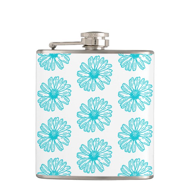 Robin Egg Blue Daisy Print, Hippie Blume Muster Flachmann (Vorderseite)