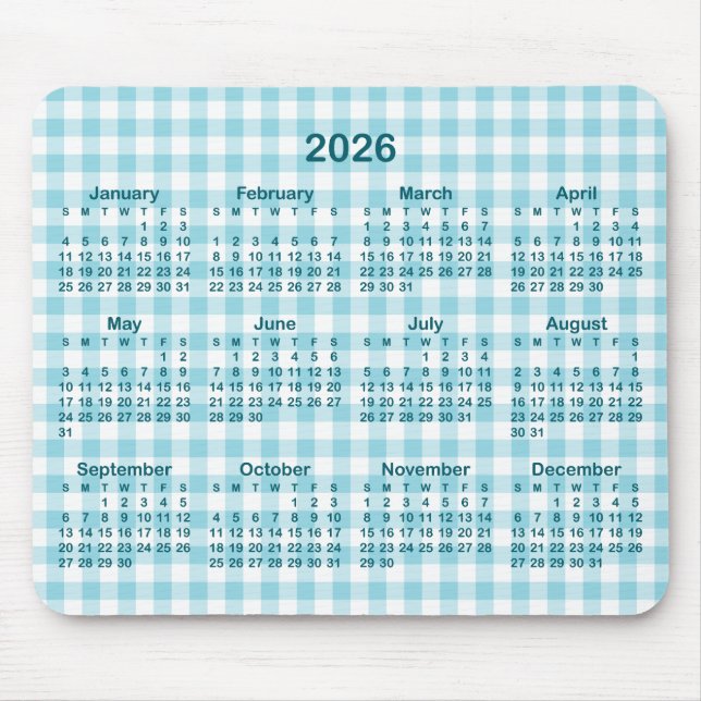 Robin Egg Blue Gingham Plaid 2026 Calendar Mousepad (Vorne)