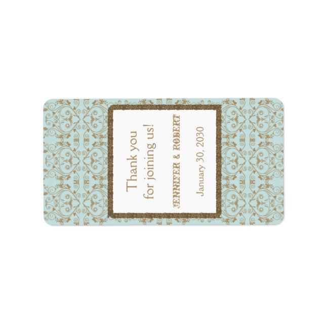Robin Egg Blue Gold Damask Wedding Lip Balm Label Adressaufkleber (Vorne)