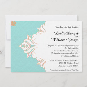 Robin Egg Blue Orange Damask Hochzeitsempfang Einladung