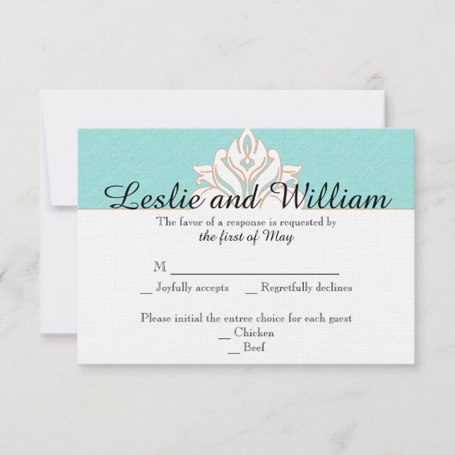 Robin Egg Blue Orange Damask Wedding Response Card RSVP Karte (Vorderseite)