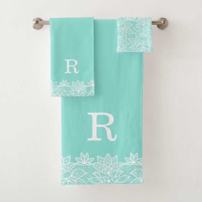 Robin Egg Blue und Lace Mit Monogramm Bath Handtuc Badhandtuch Set (Insitu)