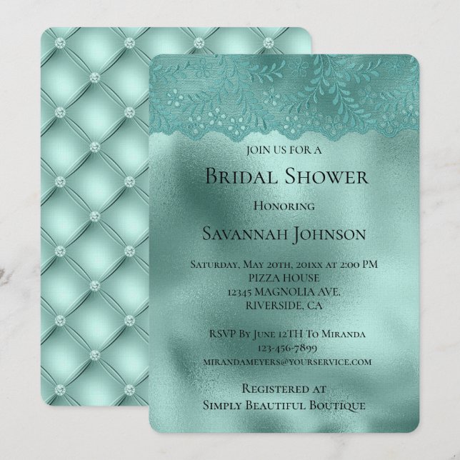 Robin Egg Green Lace und Diamonds Brautparty Einladung (Vorne/Hinten)