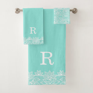 Robin-Ei-Blau und Spitze-mit Monogramm Badhandtuch Set