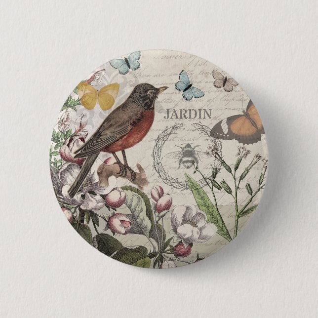 Robin Elegant Bird Butterfly Französische Kunst Button (Vorderseite)