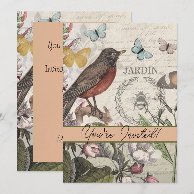 Robin Elegant Bird Butterfly Französische Kunst Einladung (Vorne/Hinten)