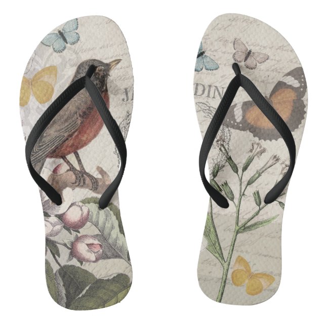 Robin Elegant Bird Butterfly Französische Kunst Flip Flops (Fußbett)