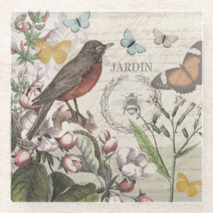 Robin Elegant Bird Butterfly Französische Kunst Glasuntersetzer