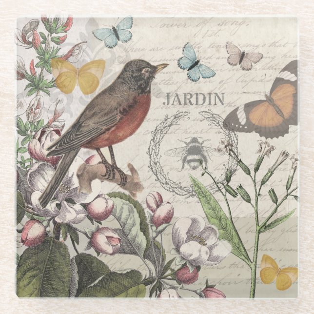 Robin Elegant Bird Butterfly Französische Kunst Glasuntersetzer (Vorderseite)
