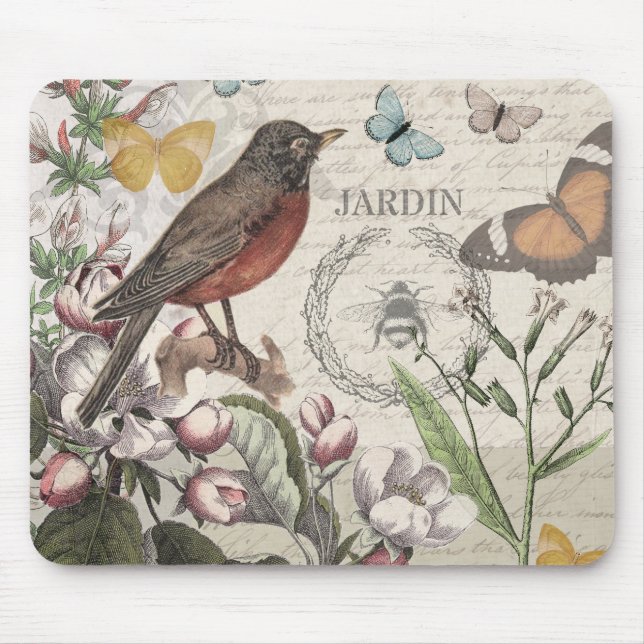 Robin Elegant Bird Butterfly Französische Kunst Mousepad (Vorne)
