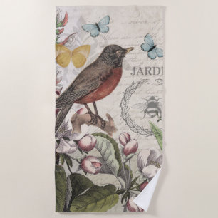 Robin Elegant Bird Butterfly Französische Kunst Strandtuch