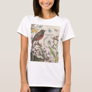 Robin Elegant Bird Butterfly Französische Kunst T-Shirt