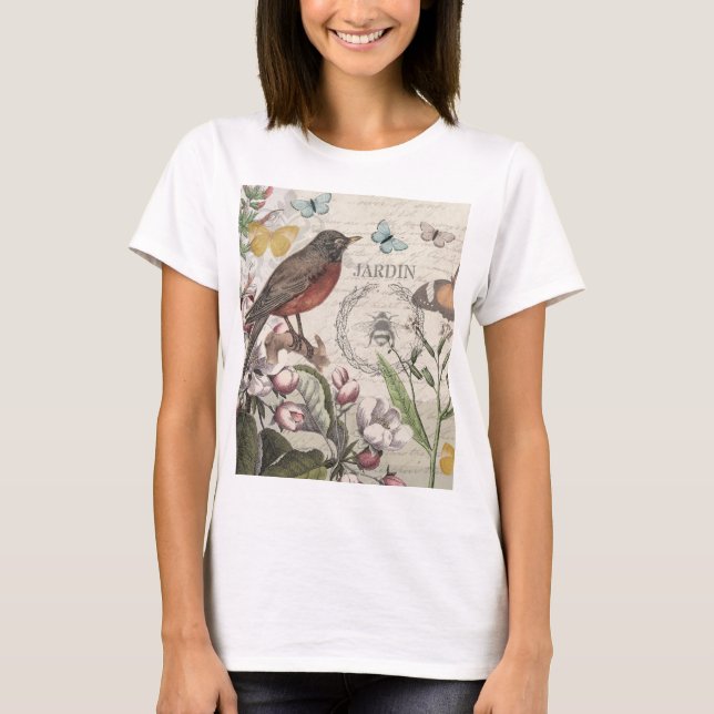 Robin Elegant Bird Butterfly Französische Kunst T-Shirt (Vorderseite)