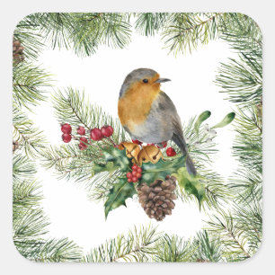 Robin, heilig, Kiefer Weihnachten Quadratischer Aufkleber