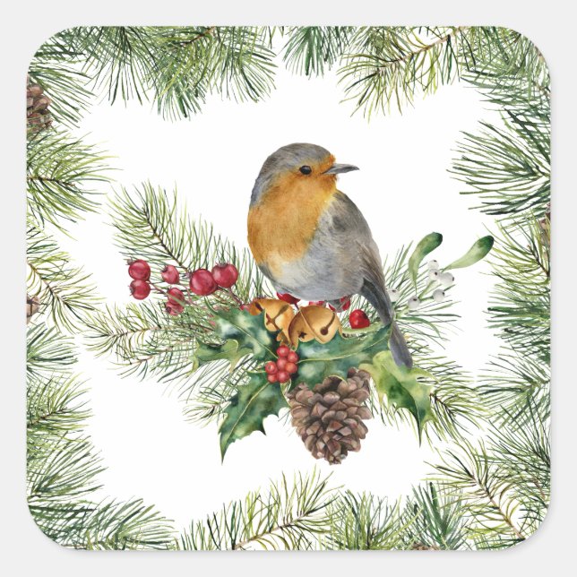 Robin, heilig, Kiefer Weihnachten Quadratischer Aufkleber (Vorderseite)