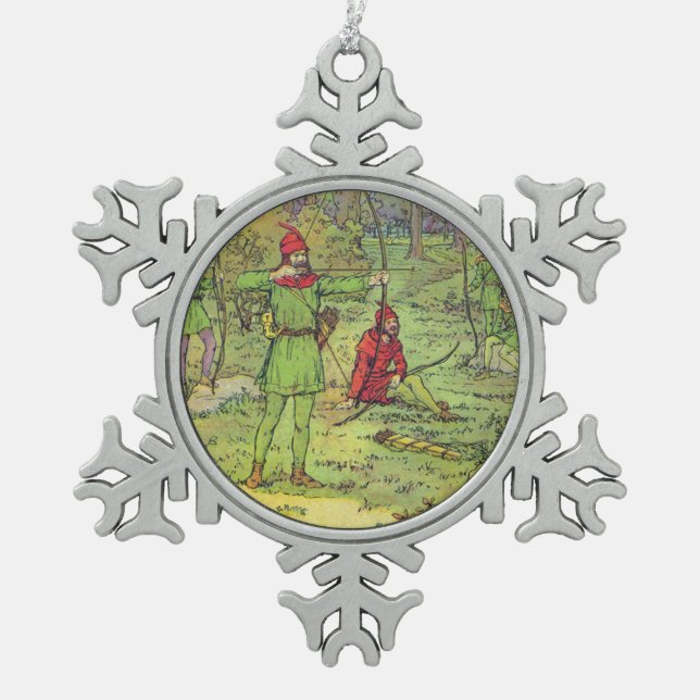 Robin Hood im Wald  Schneeflocken Zinn-Ornament (Vorderseite)