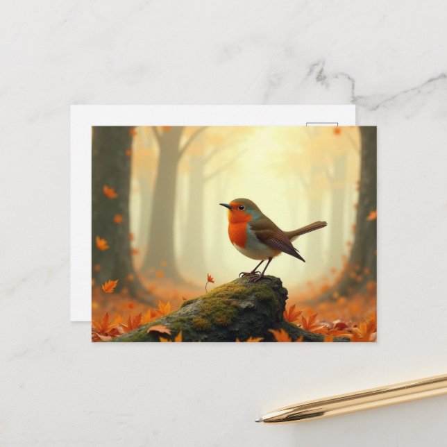 Robin im Herbst/Herbstwald, Blätter fallen Postkarte (Vorderseite/Rückseite Beispiel)