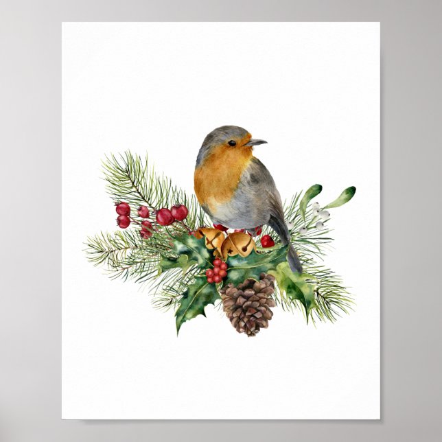 Robin, Kiefer, Bonbons, Poinsettia Weihnachten Poster (Vorne)